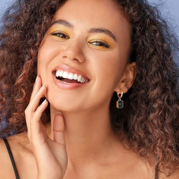 18K Yellow Gold with Black Onyx Crystal Dangling Octagon Huggie Earrings - Picture 6 of 6